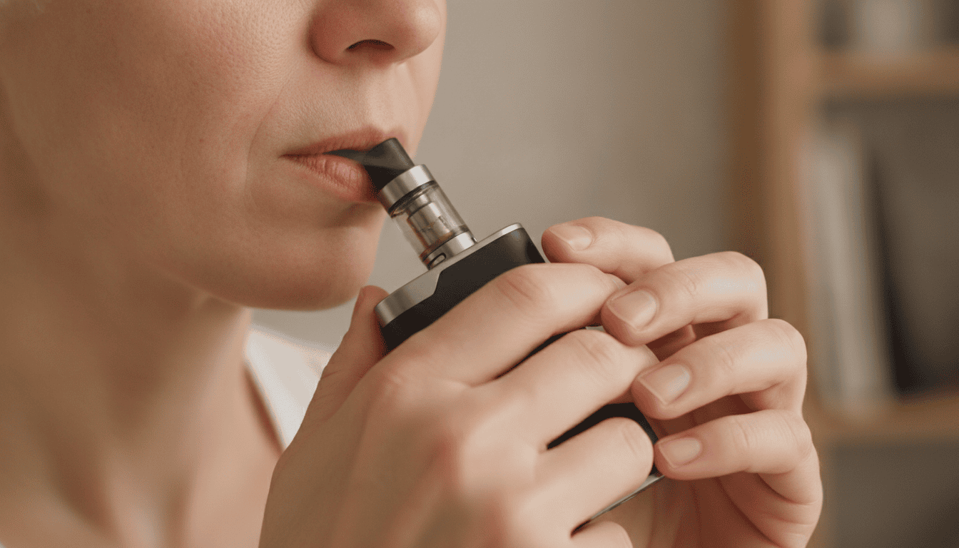 Mãos segurando um dispositivo de vape próximo ao rosto de um adulto, com foco na textura natural da pele.