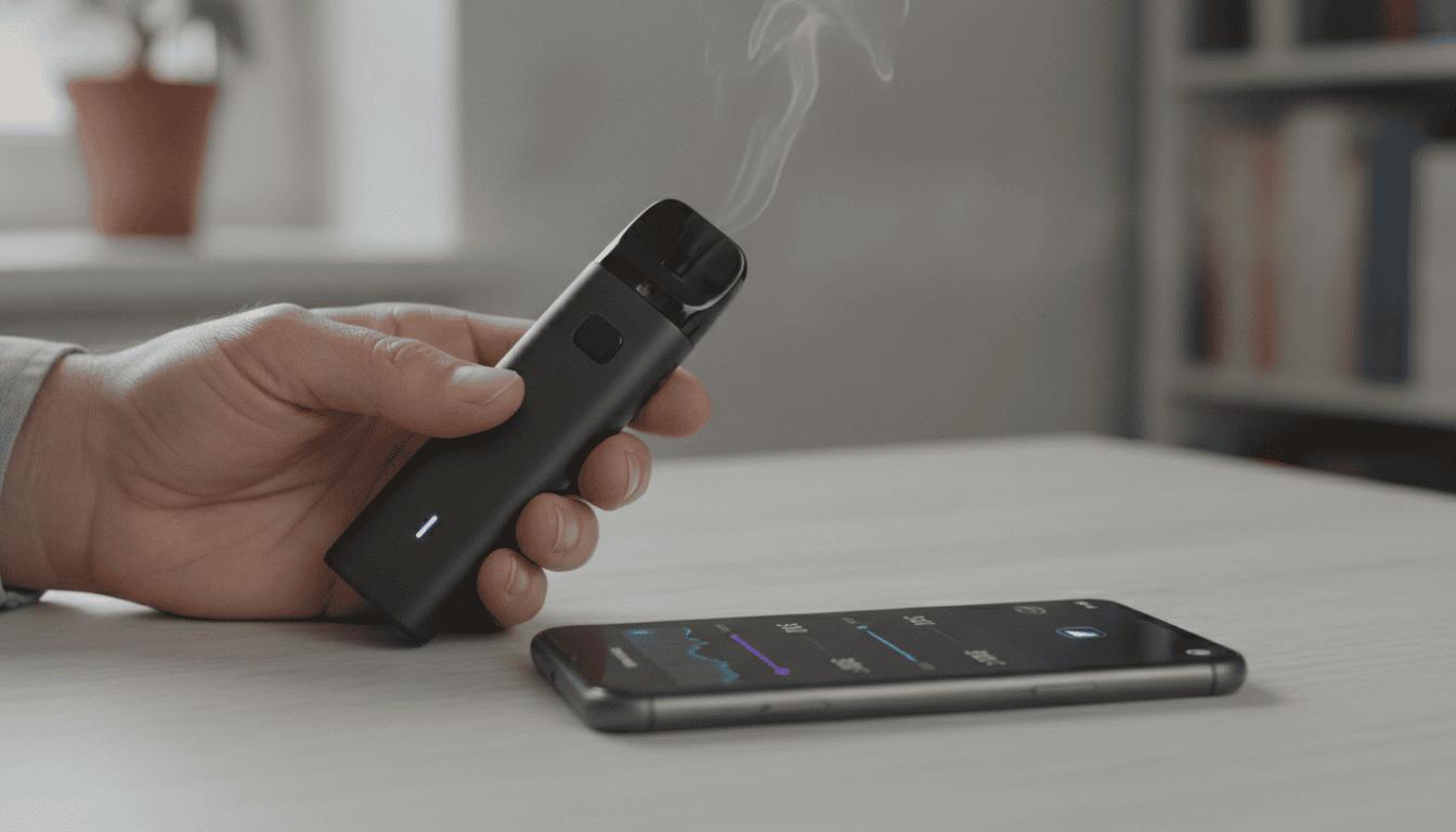 Mão segurando dispositivo vape moderno ao lado de smartphone com aplicativo aberto mostrando controles de potência e bateria