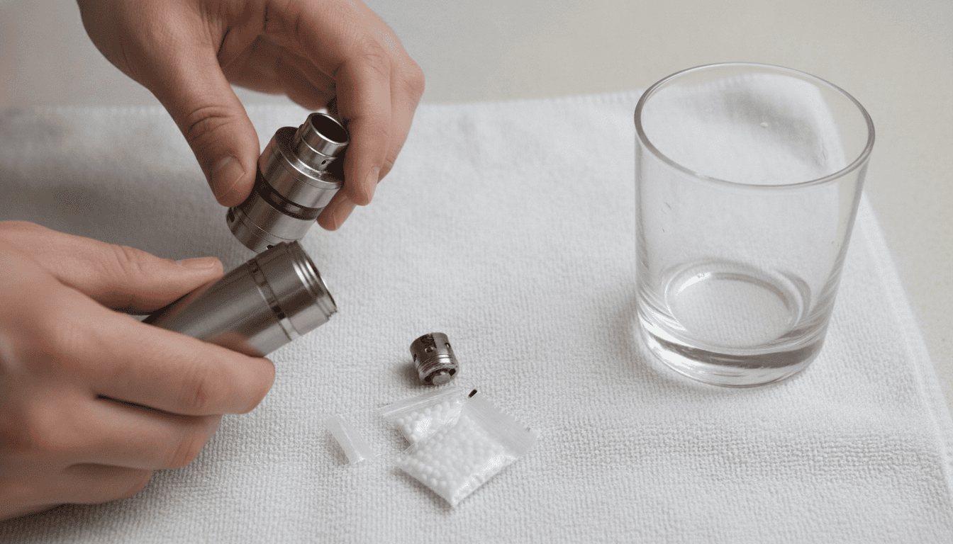 Mãos de adulto segurando um vape parcialmente desmontado sobre uma toalha, com tanque, coil e sachês de sílica ao lado