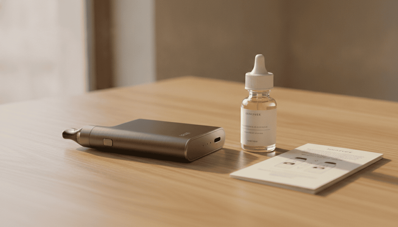 Dispositivo vape moderno sobre mesa de madeira ao lado de um frasco de e-líquido e manual, em luz natural.