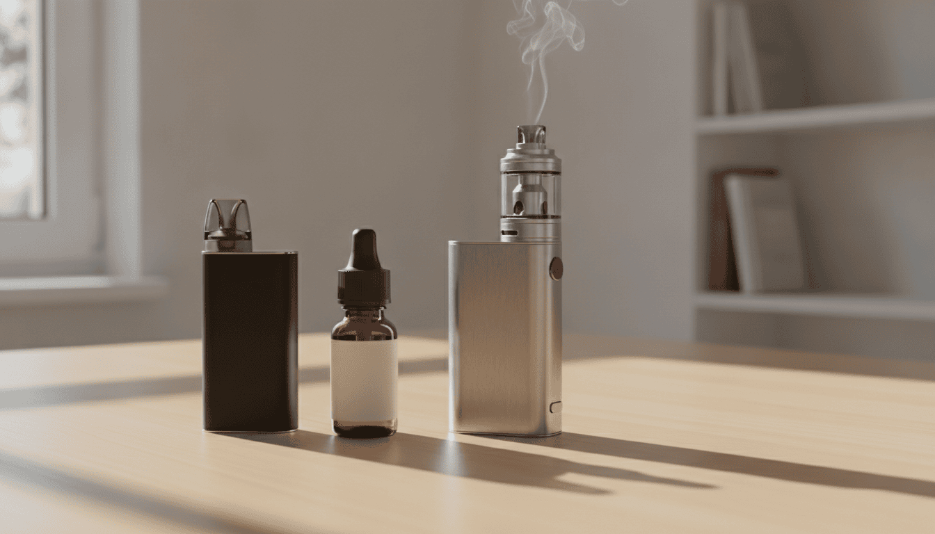 Dispositivos de vape (pod e mod) e um frasco de e-líquido sobre uma mesa de madeira, em luz natural.