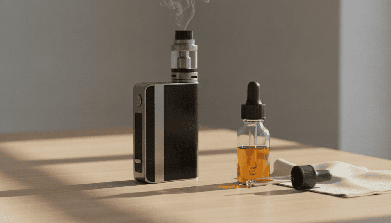 Aparelho vape moderno sobre mesa de madeira com frasco de e-líquido ao lado, fundo neutro desfocado.