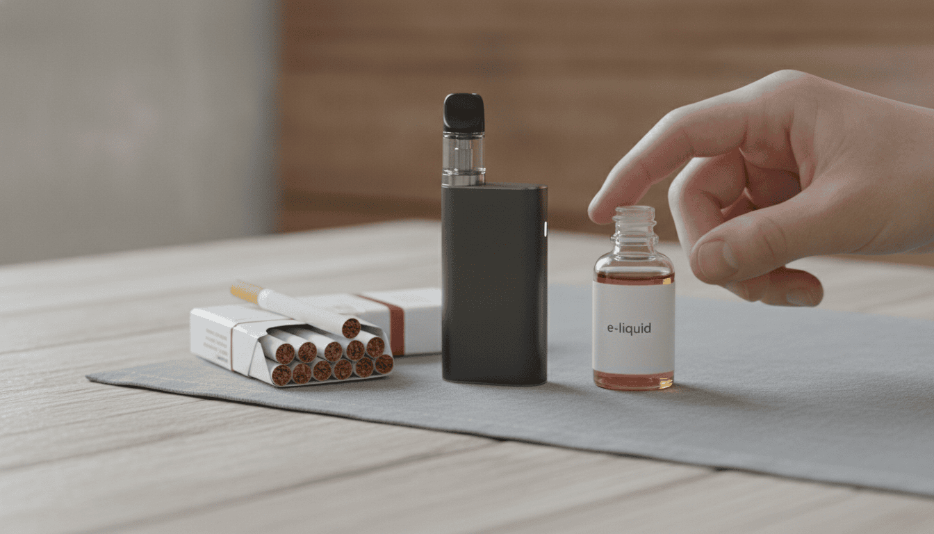 Cena fotorrealista de uma mesa com um maço de cigarros à esquerda e um dispositivo de vape com frasco de e-líquido à direita, sem fumaça.