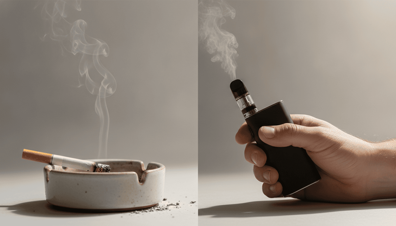 Imagem comparativa: cigarro aceso em cinzeiro à esquerda e mão adulta segurando um pod vape à direita, com vapor discreto; fundo neutro.