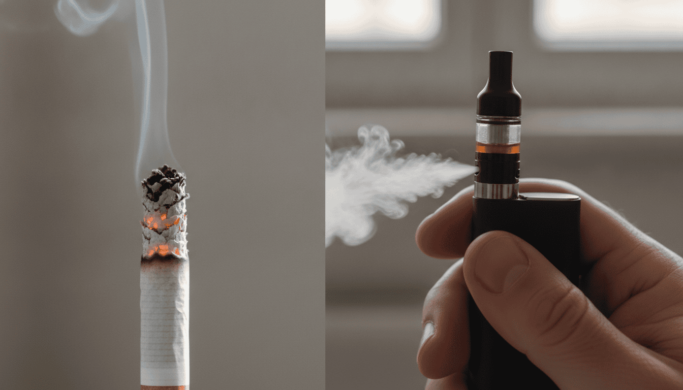 Mão segurando um vape ao lado de um cigarro aceso, mostrando contraste entre vapor e fumaça.