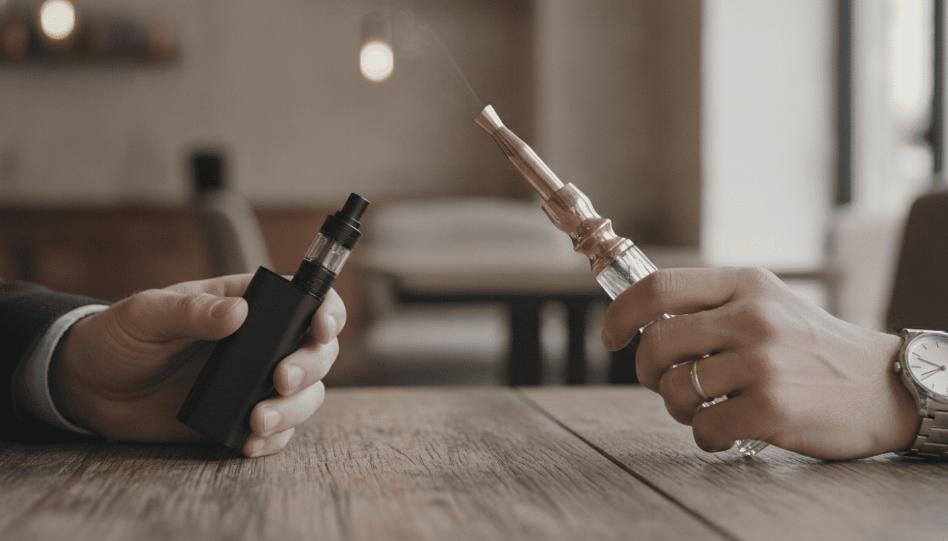 Duas mãos segurando um pod de vape e a ponta de um manguito de narguilé sobre mesa, ambiente interno desfocado ao fundo.