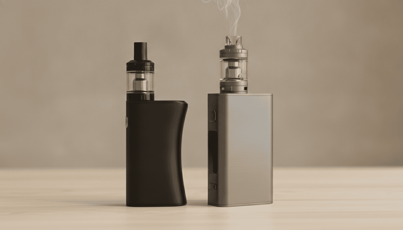 Dois dispositivos para vapor: um pod compacto ao lado de um vape mod com tanque, sobre uma superfície de madeira.