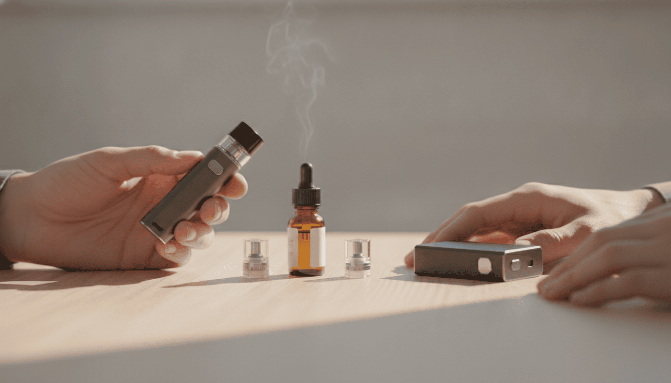 Mãos adultas mostrando lado a lado um pod compacto e um vape tipo box-mod sobre mesa com frasco de e-líquido e cartuchos.