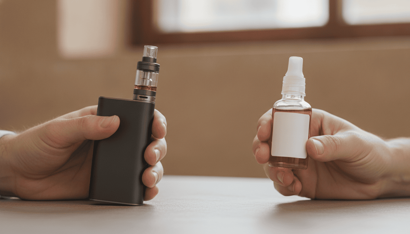 Mãos de adulto segurando um pod vape e um frasco de e-líquido sobre mesa neutra