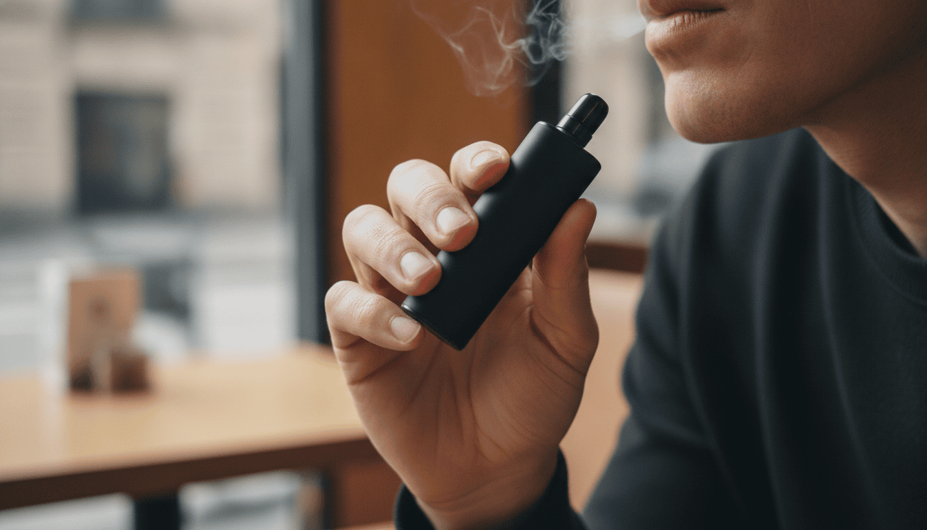 Pessoa adulta segurando um dispositivo pod de vape próximo à boca em um ambiente de café, com vapor sutil ao fundo.