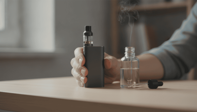 Mão adulta segurando um pod vape ao lado de um frasco de e-líquido sobre uma mesa de madeira, com vapor leve no ar.