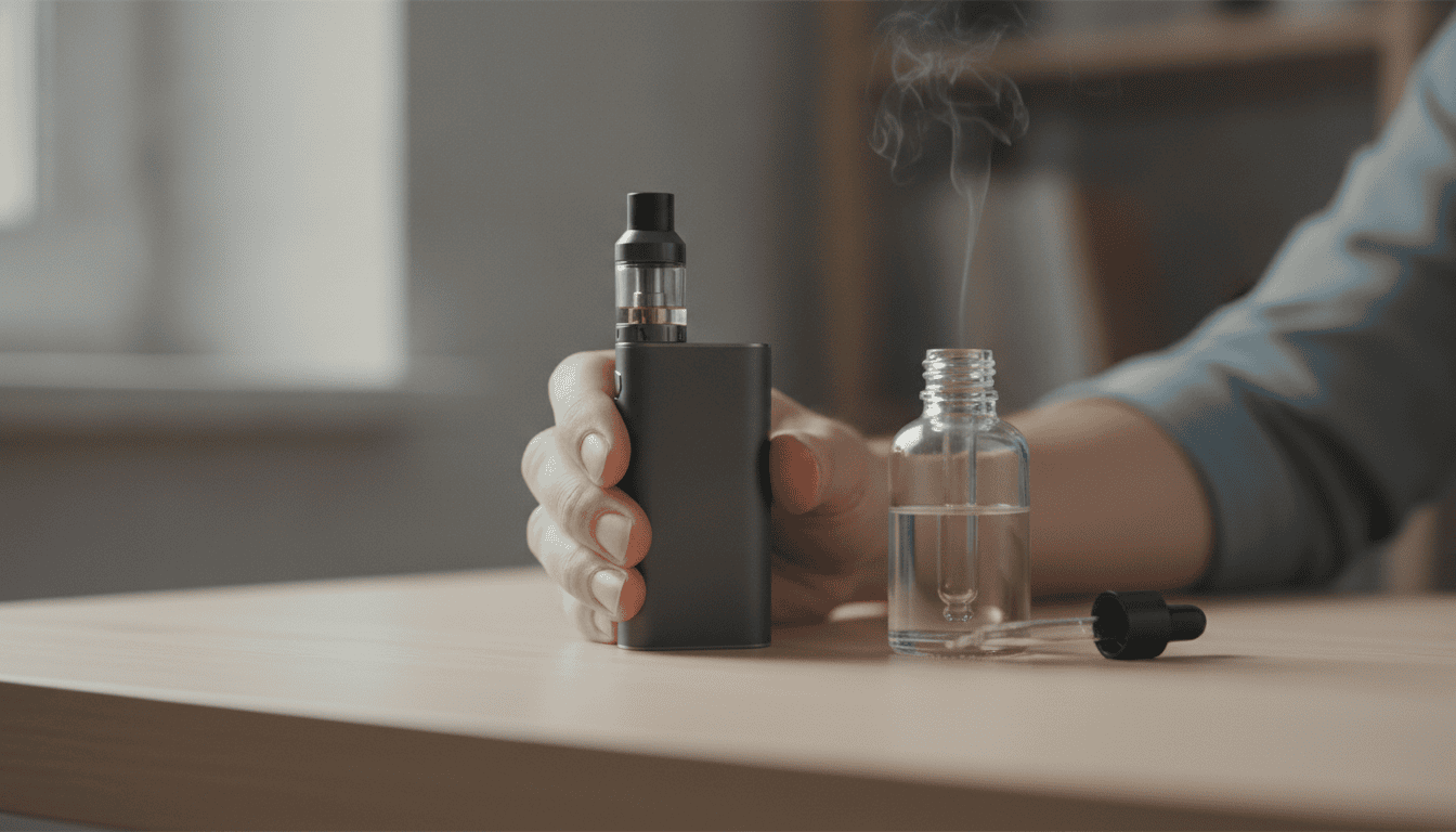 Mão adulta segurando um pod vape ao lado de um frasco de e-líquido sobre uma mesa de madeira, com vapor leve no ar.