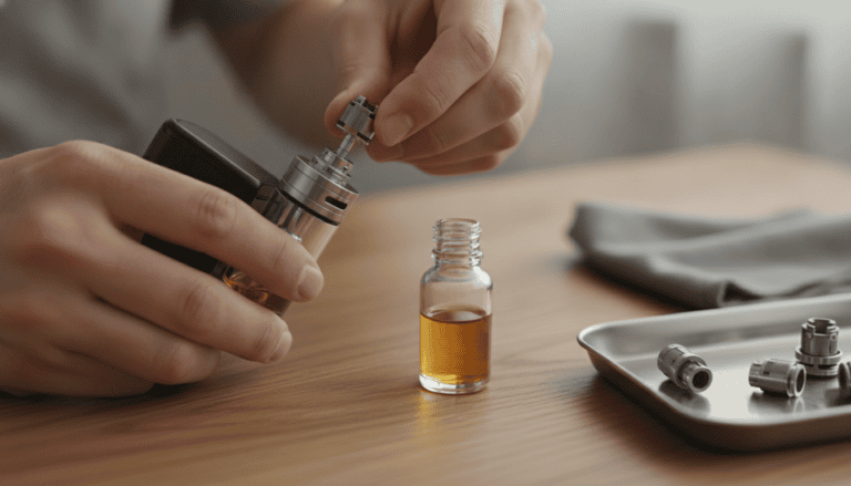 Mãos adultas substituindo a resistência de um vape recarregável sobre uma mesa de madeira; tanque parcialmente desmontado, frasco de e-líquido com conta-gotas e bandeja com resistências em segundo plano desfocado.