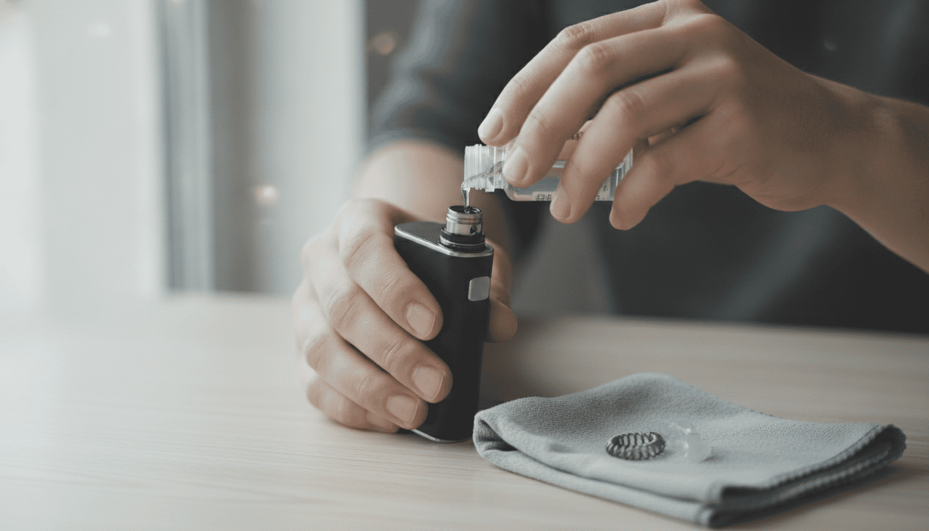 Close-up de mãos adultas reabastecendo um pod de vape sobre mesa de madeira; frasco de e-líquido transparente sem rótulo, coil sobressalente e pano macio ao lado; iluminação natural suave e fundo desfocado.