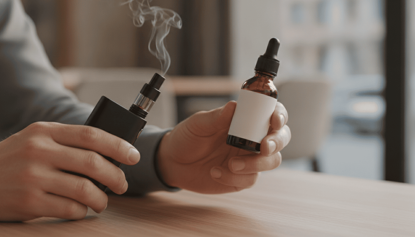 Duas mãos segurando um pod moderno e um frasco de e-líquido em ambiente interno, com um leve vapor visível.