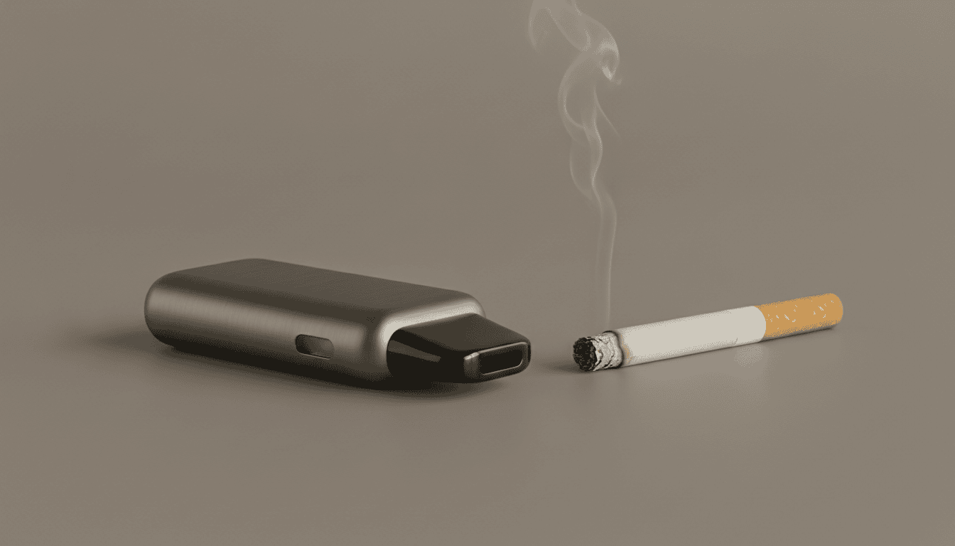 Dispositivo de vape moderno ao lado de um cigarro tradicional sobre superfície neutra, visão em close.
