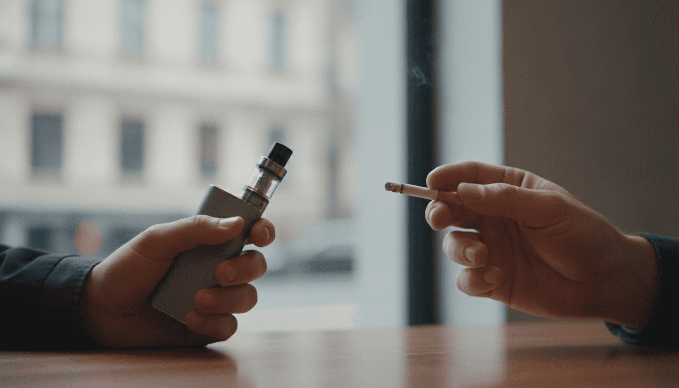 Mãos de adultos segurando um vape pod e um cigarro aceso lado a lado sobre fundo desfocado