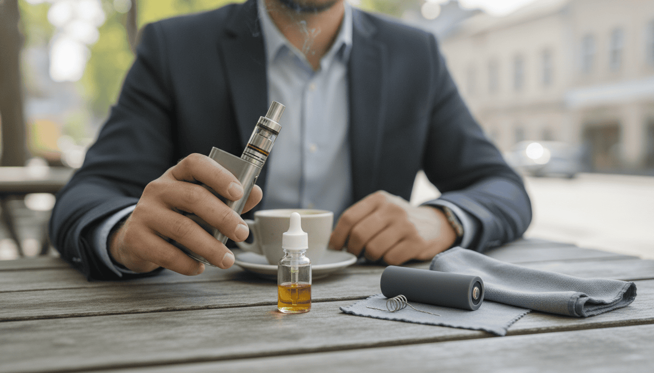 Pessoa adulta segurando um pod vape em uma mesa com frasco de e-líquido, bateria protegida, bobina e pano de limpeza.