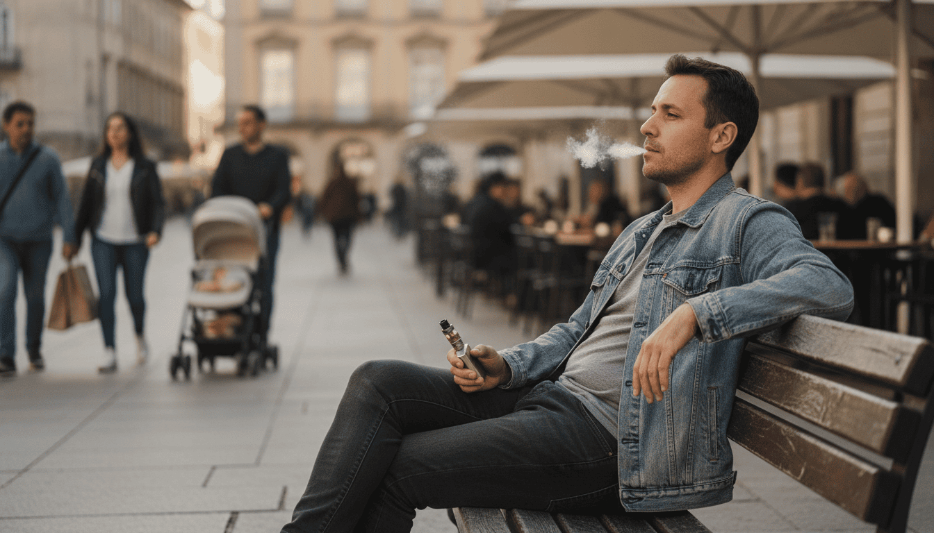Adulto vaporizando discretamente sentado em banco de praça urbana próximo a cafés, com outras pessoas ao redor mantendo distância.