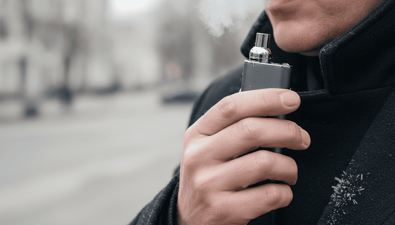 Mão adulta segurando um pod vape próximo ao casaco de inverno, com pequena névoa de vapor e gotas de condensação visíveis.