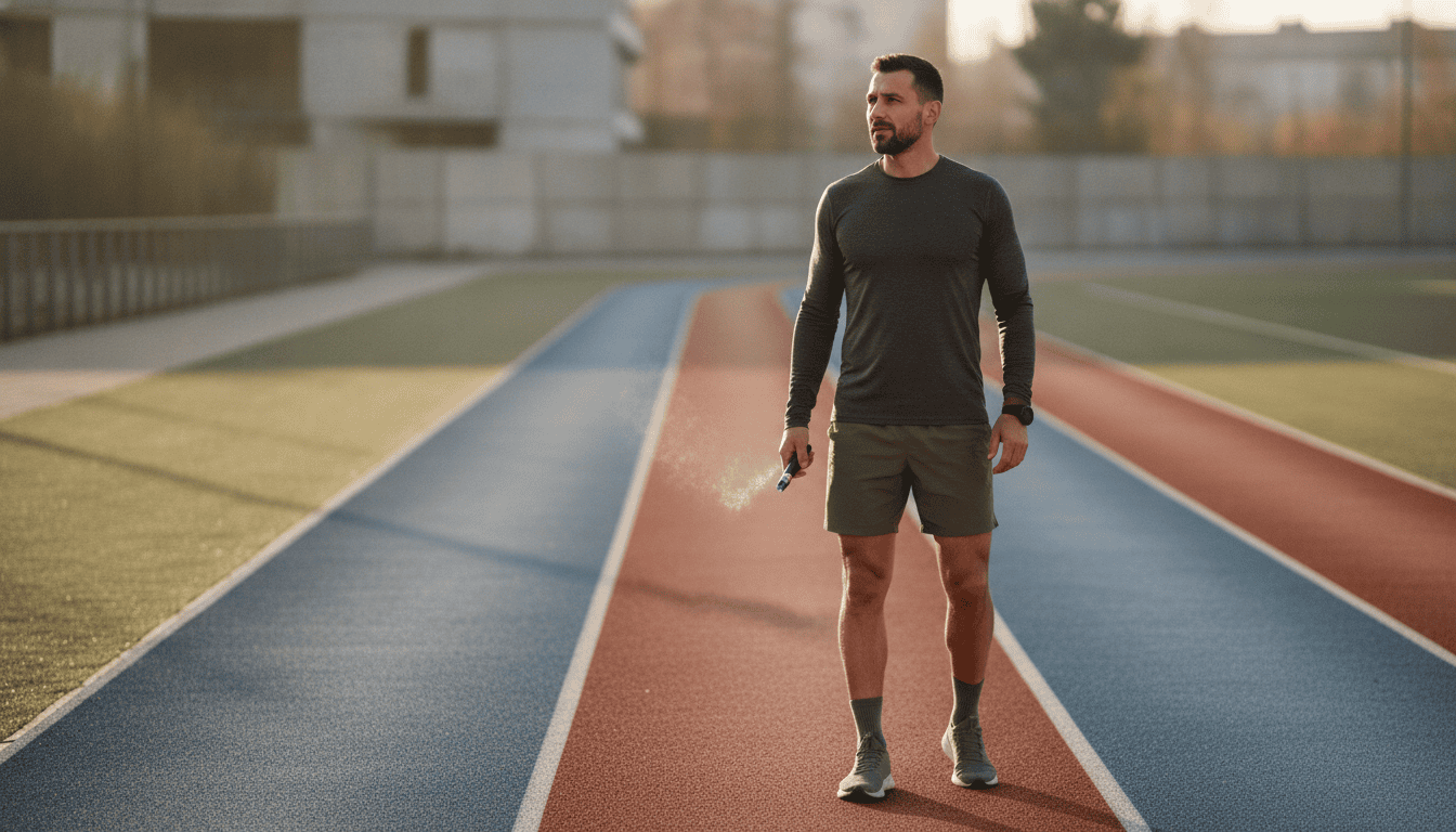 Atleta adulto em pista de corrida segurando um vape discretamente, com leve vapor visível.