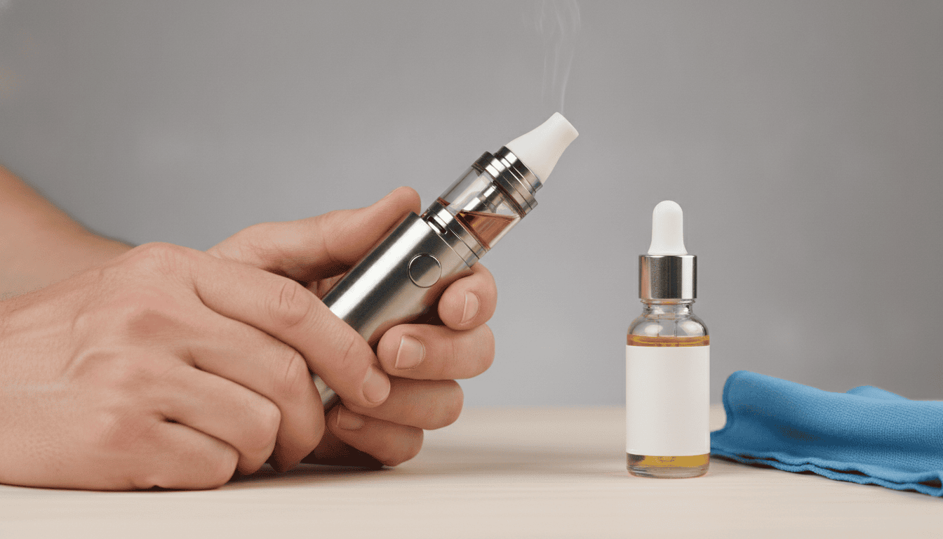 Mãos adultas segurando um vape de aço inox e vidro com bocal de cerâmica, e‑líquido e pano de limpeza ao lado