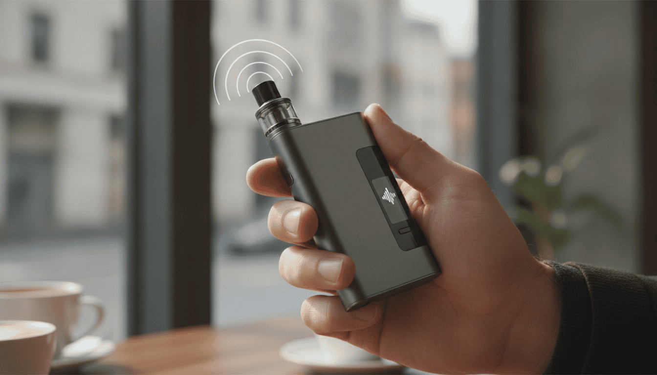 Mão adulta segurando um vape moderno com LED discreto; gráfico sutil em forma de onda indicando controle por voz.
