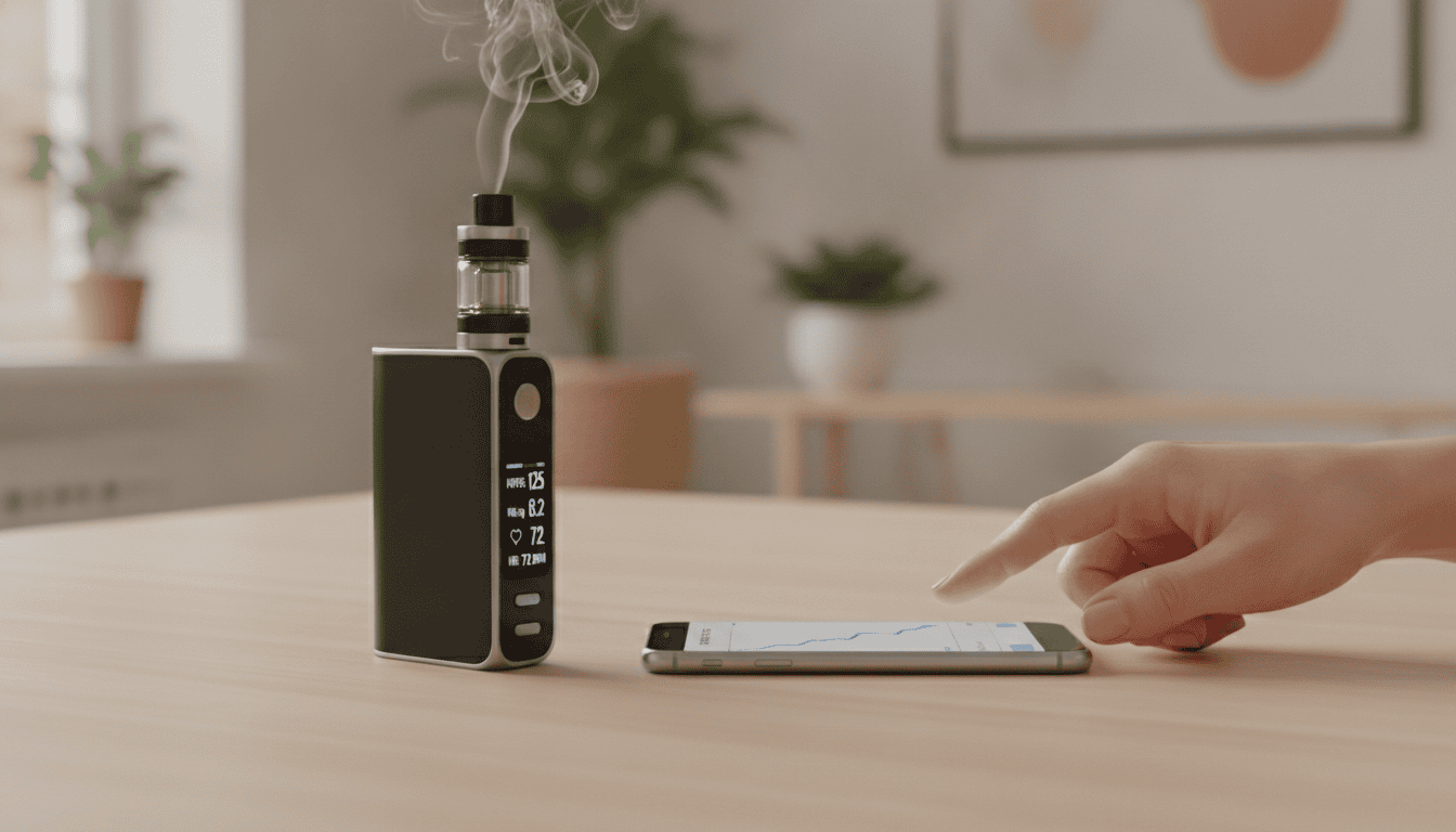Dispositivo vape com tela mostrando métricas de uso e smartphone ao lado exibindo gráfico de monitoramento