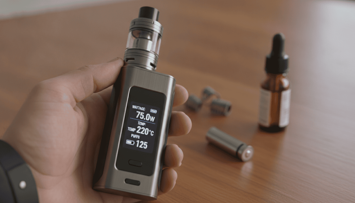Mão adulta segurando um mod de vape com tela touch mostrando configurações; mesas com coils, bateria e frasco de e-líquido ao fundo.