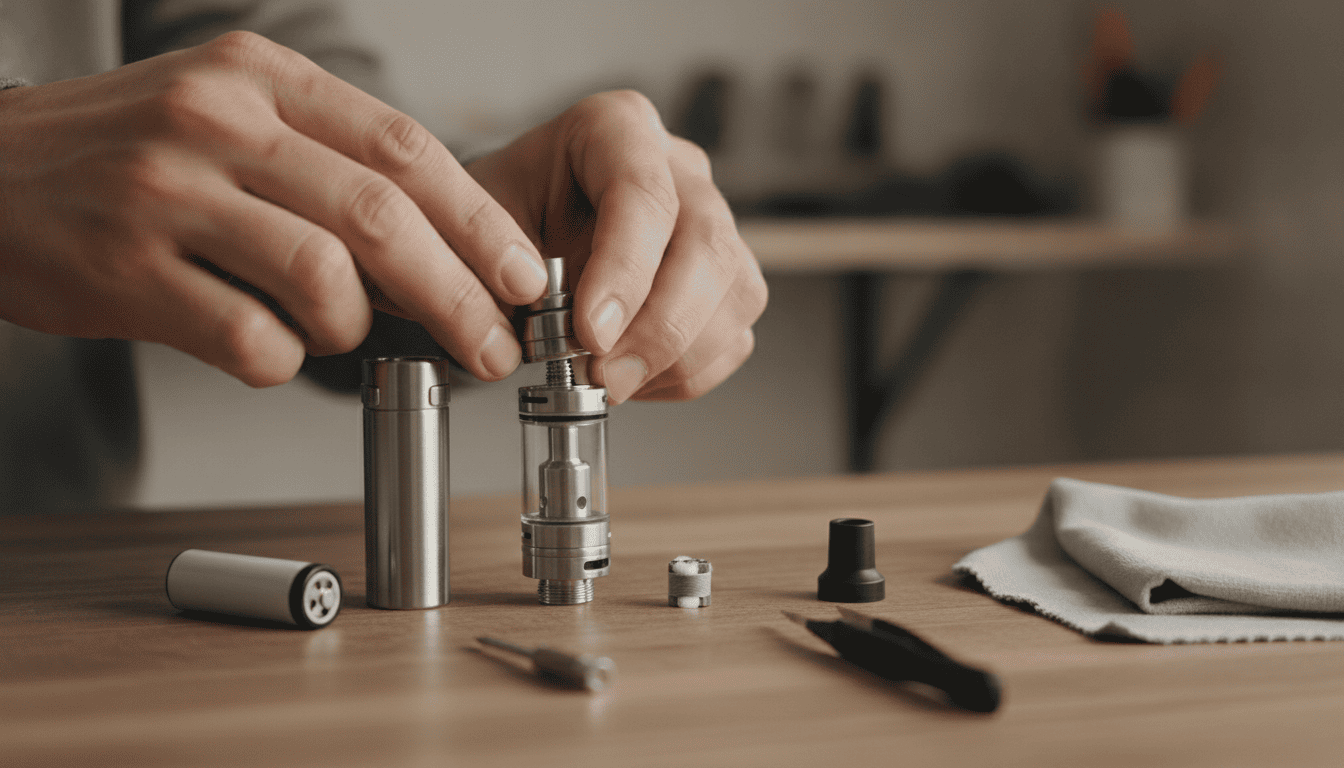 Mãos de adulto montando componentes modulares de vape sobre uma mesa: tubo de bateria, atomizador 510, tanque de vidro, coil e ferramentas.