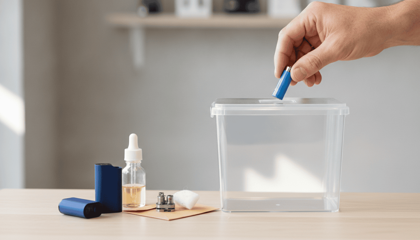 Mãos depositando uma bateria de vape em caixa de reciclagem, com um pod descartável e uma garrafa de e‑líquido ao lado.