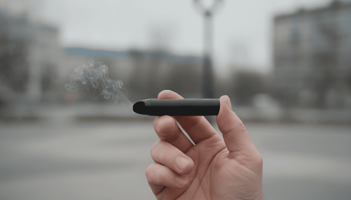 Mão adulta segurando um dispositivo vape moderno com leve pluma de vapor em fundo urbano desfocado