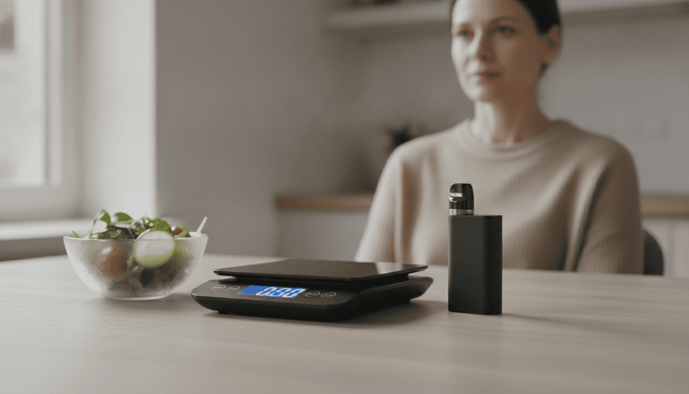 Mesa de cozinha com balança digital, uma tigela de salada e um dispositivo de vape moderno, pessoa adulta desfocada ao fundo.