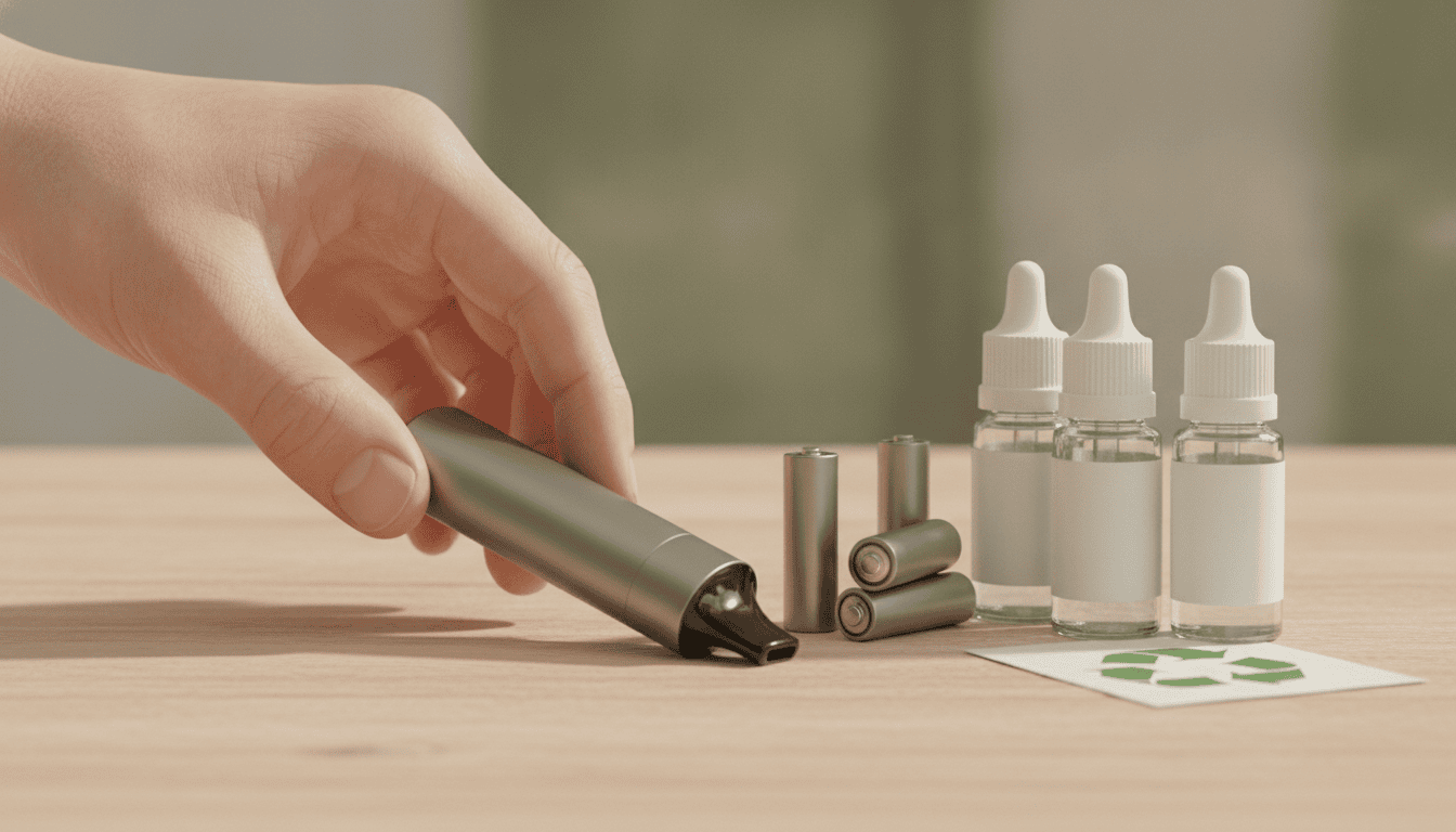 Mão adulta apoiando um pod vape moderno sobre mesa com baterias recarregáveis, frascos de e-líquido e símbolo de reciclagem