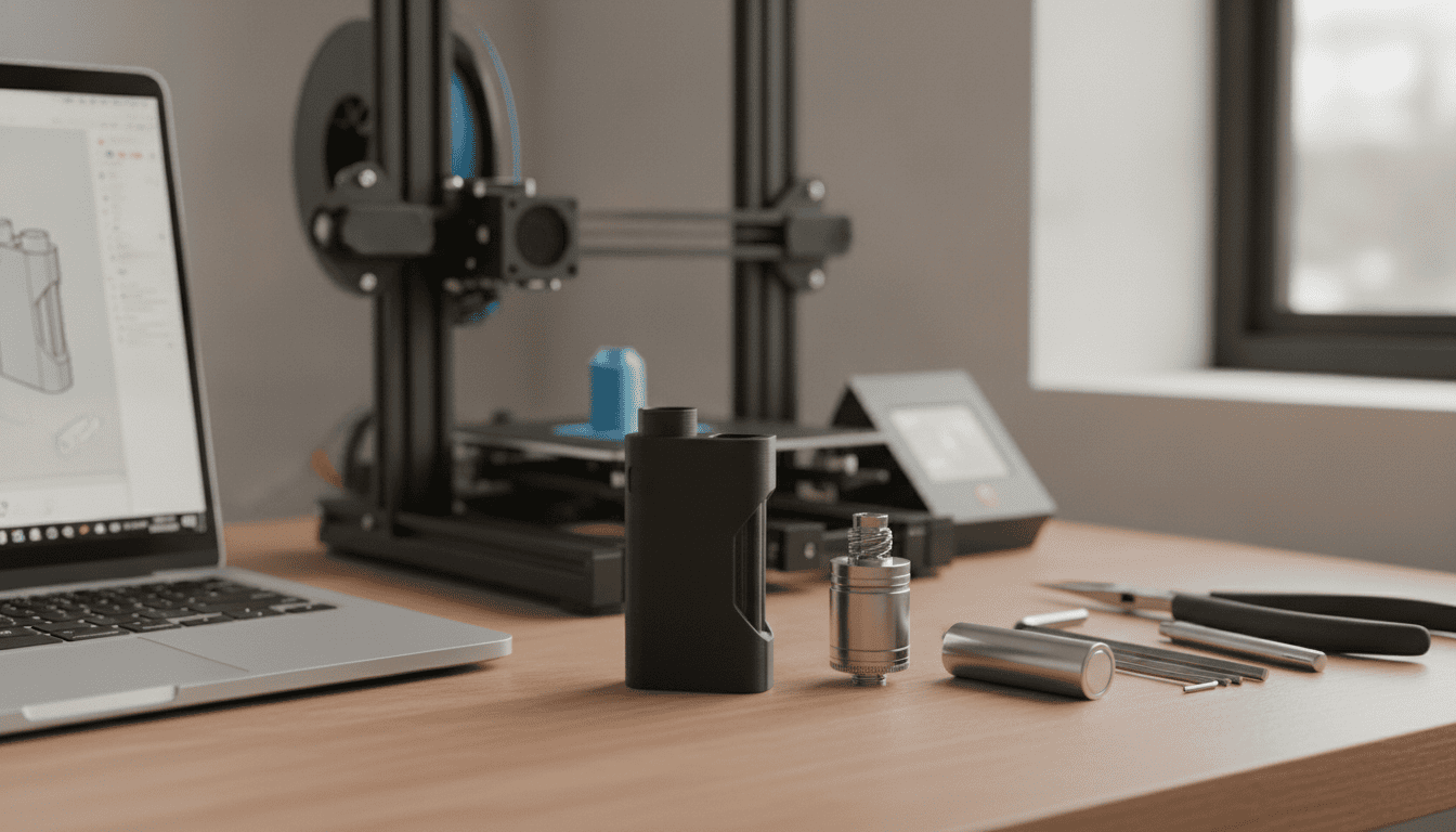 Mesa de trabalho com impressora 3D FDM, corpo de vape impresso em 3D, atomizador comercial separado, laptop com modelo CAD e ferramentas.