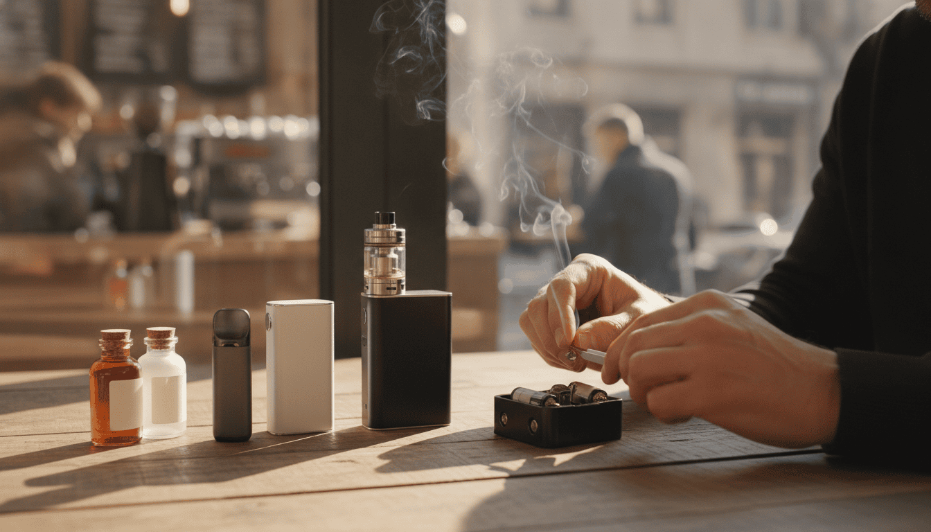 Mesa com dispositivos vape (pod descartável, pod recarregável, box mod) e frascos de e-líquido; mãos de adulto ajustando uma coil; fundo desfocado de café.