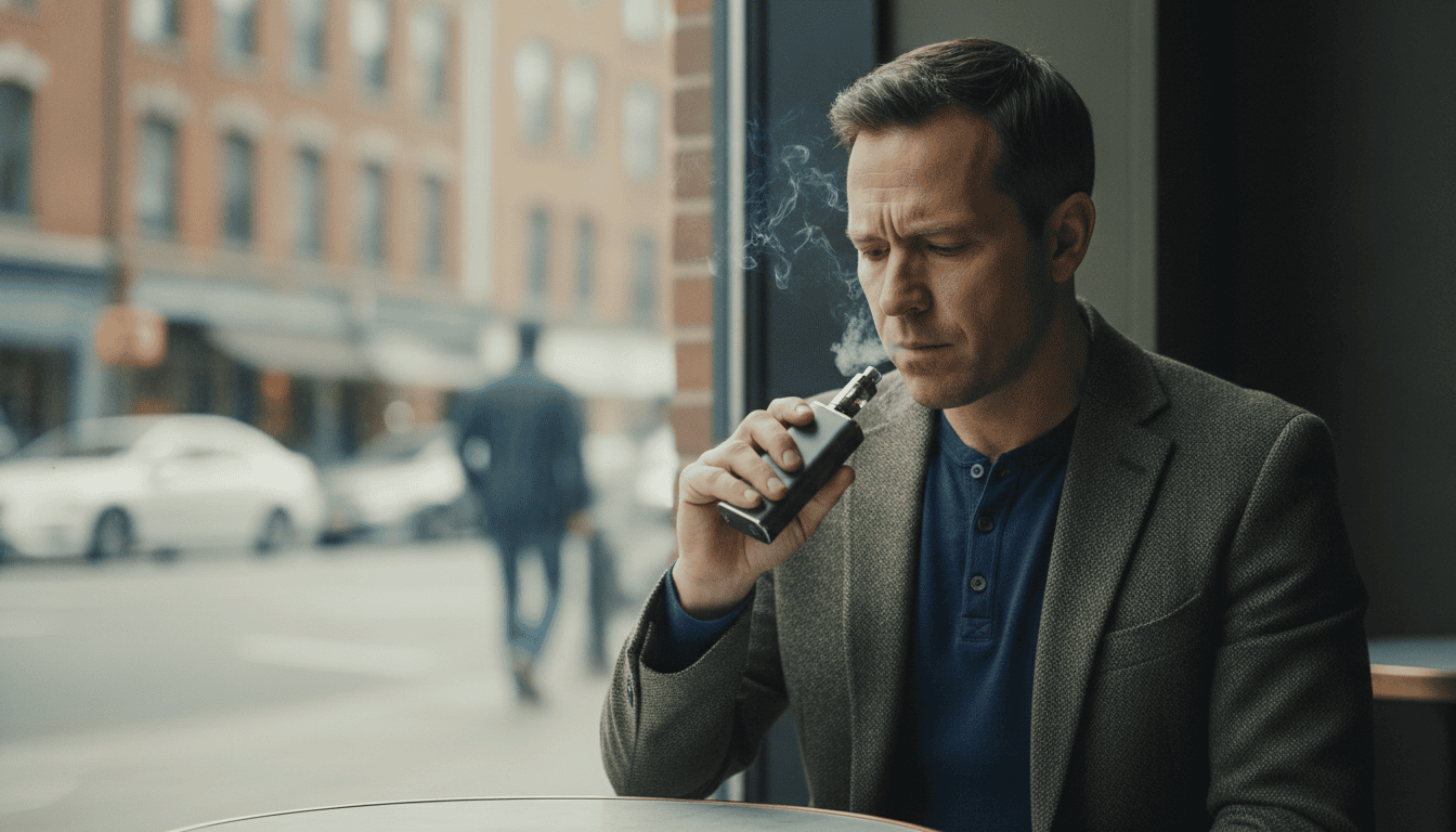 Pessoa adulta sentada num café, segurando um dispositivo de vape e exalando vapor sutil, expressão pensativa.