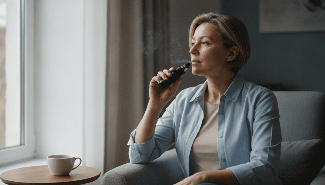 Pessoa adulta sentada junto a uma janela segurando um pod vape, exalando vapor discreto em ambiente interno calmo.
