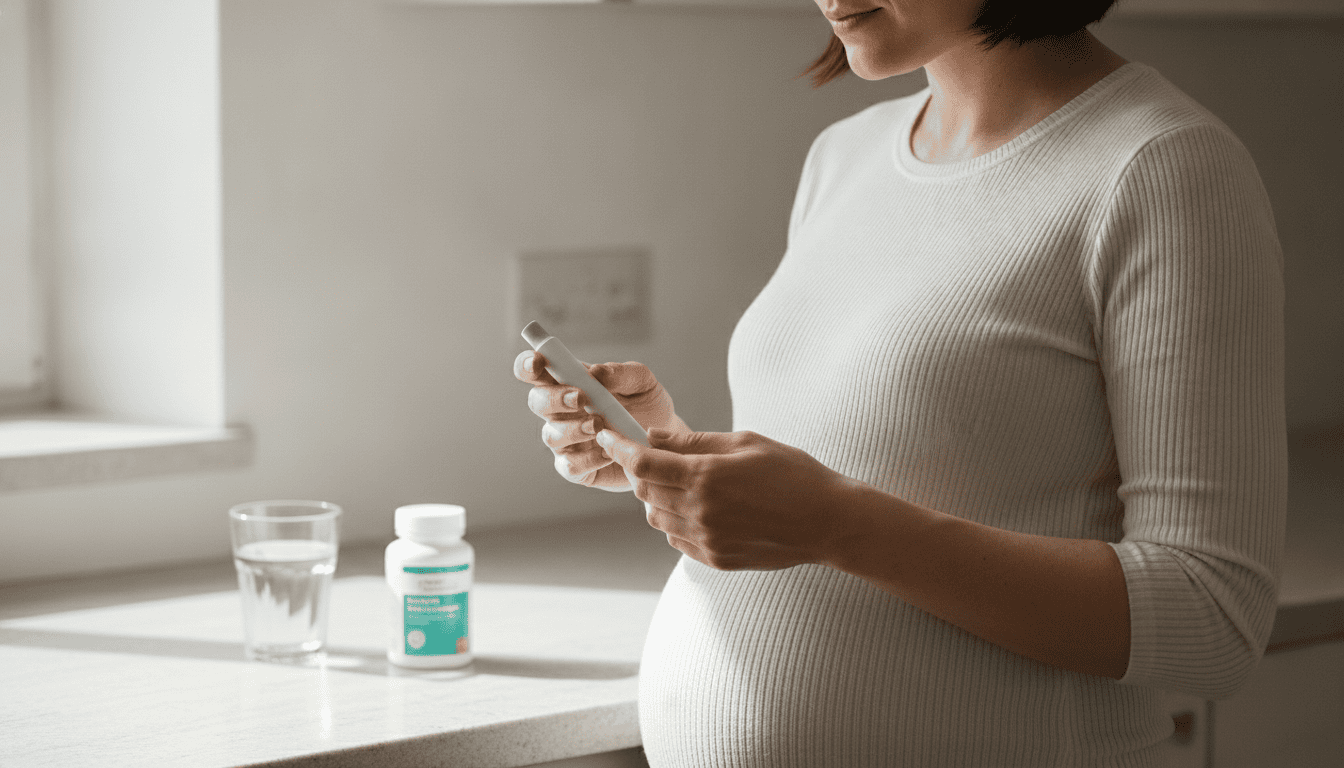 Mulher grávida olhando para um dispositivo de vape na mão, em uma cozinha com luz natural