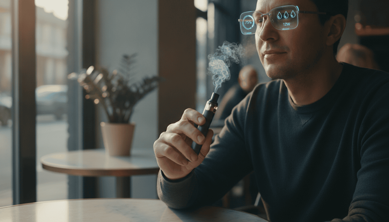 Pessoa adulta usando óculos de realidade aumentada enquanto segura um vape; sobreposição holográfica mostra informações do dispositivo.