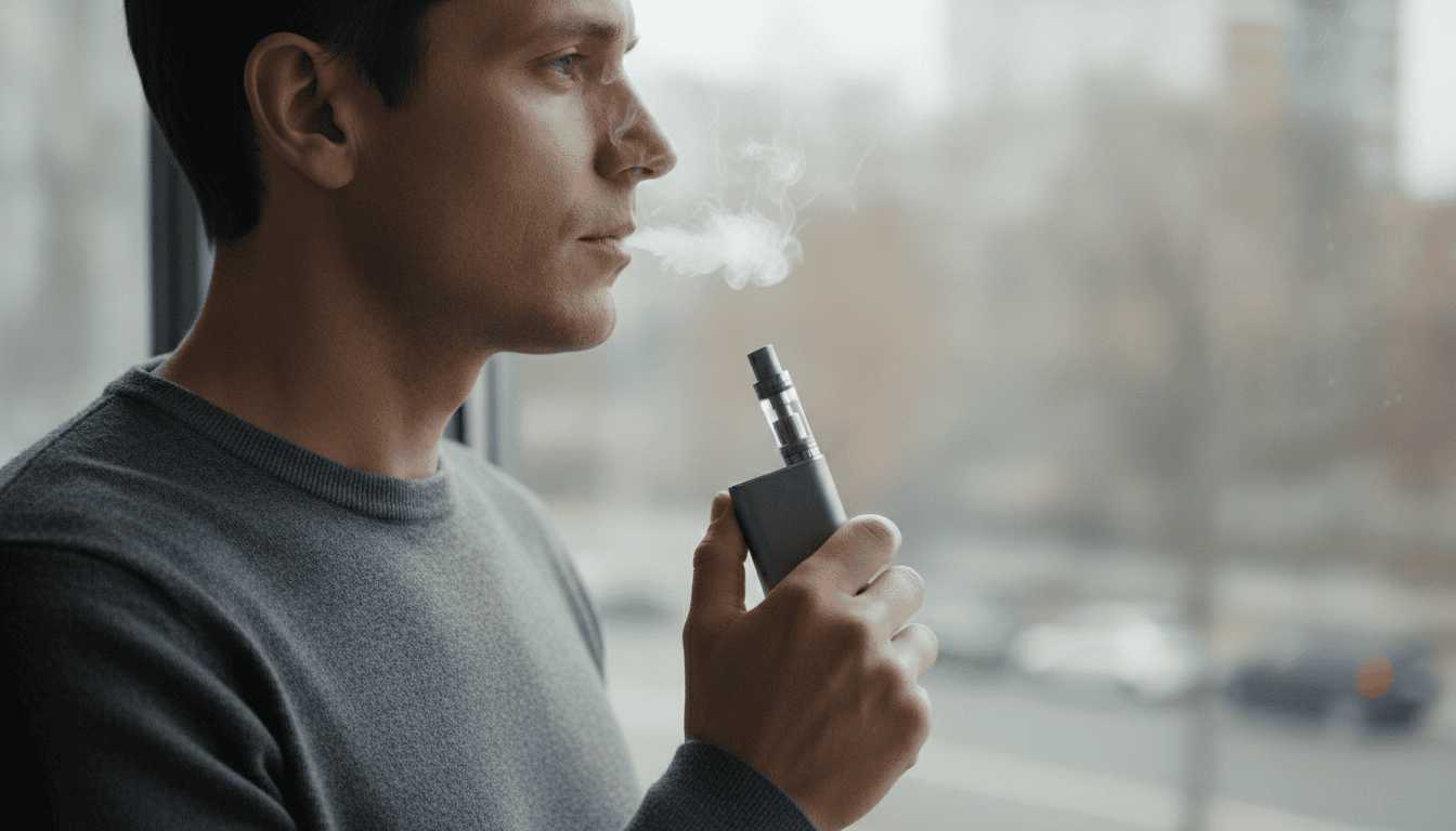 Adulto usando dispositivo vape moderno junto a uma janela, com vapor discreto e aparência natural.