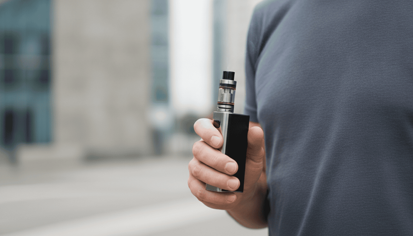 Pessoa adulta segurando um dispositivo de vaping moderno em ambiente urbano, foco no aparelho e na mão.