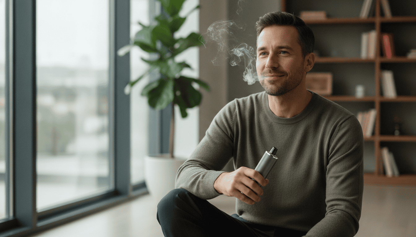 Adulto sossegado exalando um pequeno vapor enquanto segura um dispositivo de vape em uma sala clara