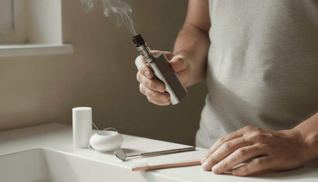 Mãos de um adulto segurando um dispositivo de vape sobre uma bancada de banheiro com escova e fio dental, com leve vapor ao fundo.