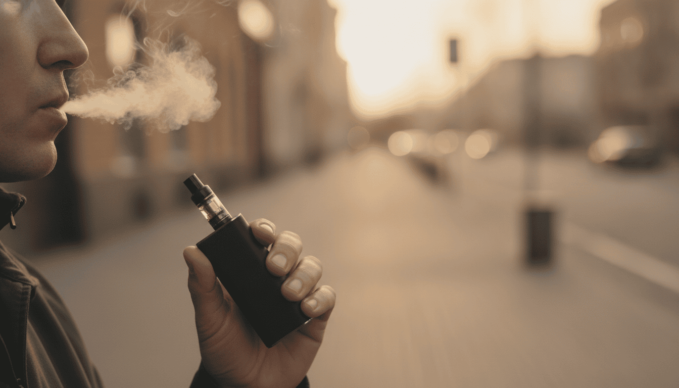 Pessoa adulta segurando um vape e exalando um leve jato de vapor em ambiente urbano desfocado.