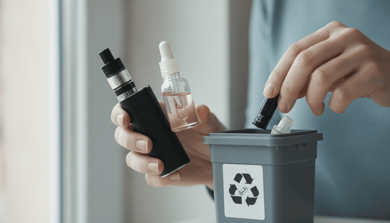 Mãos adultas colocando bateria usada e pod vazio em lixeira de reciclagem enquanto seguram um pod recarregável e um frasco de e-líquido.