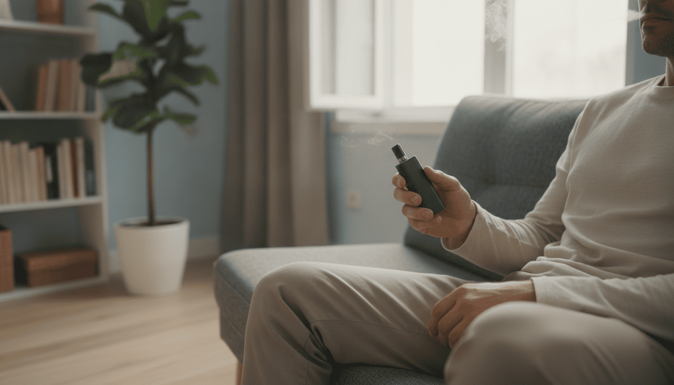 Adulto vaporizando próximo a uma janela aberta em sala, com nuvem de vapor discreta dissipando-se