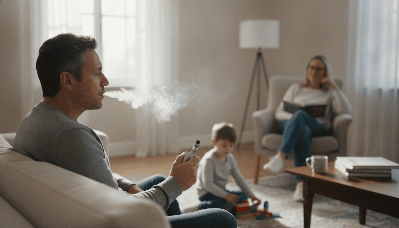 Pessoa adulta exalando vapor em sala de estar; outra pessoa e uma criança à distância observando, luz natural entrando pela janela.