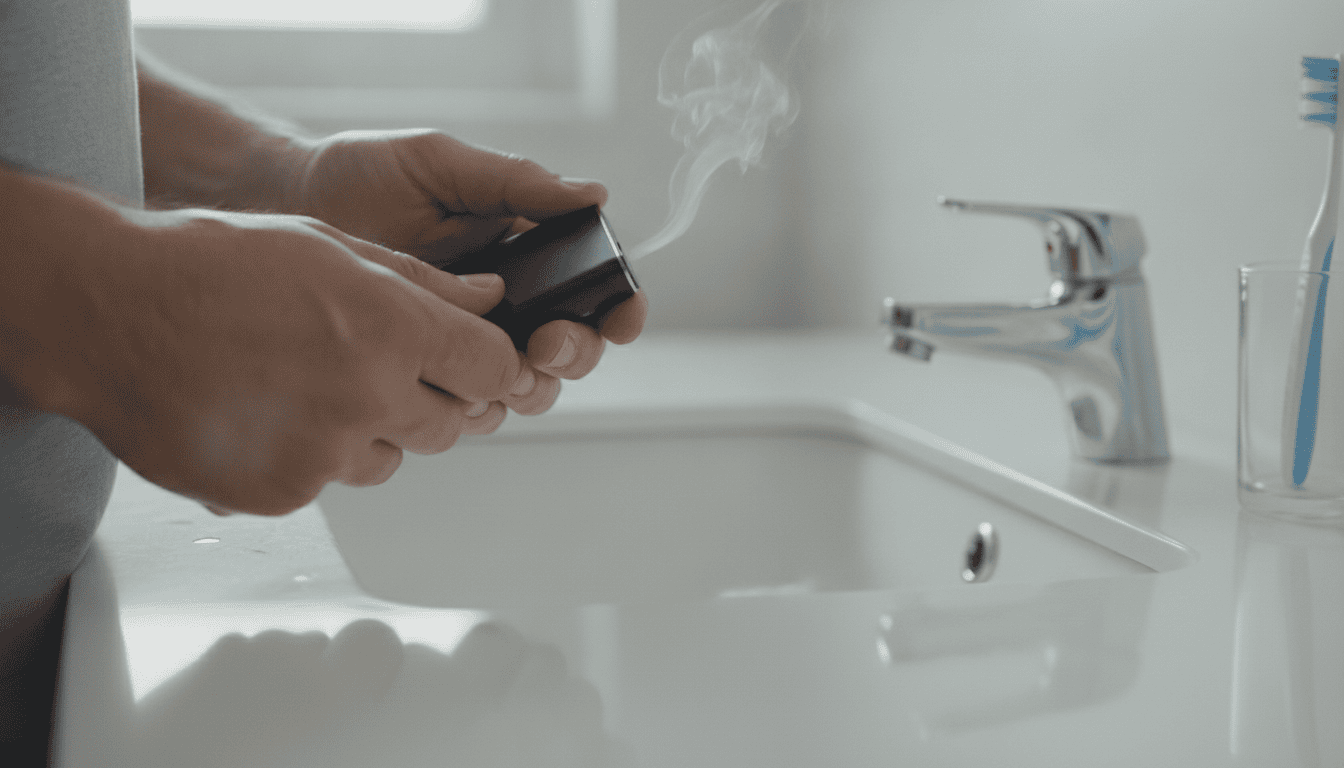 Mãos adultas segurando um dispositivo de vaping perto de uma pia de banheiro, com escova de dentes visível no balcão