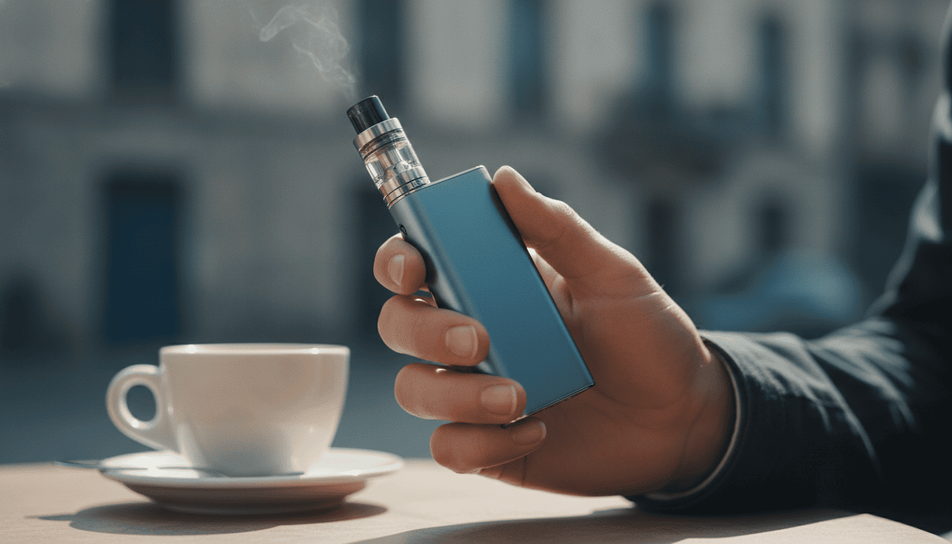 Mão adulta segurando um pod vape sobre uma mesa de café, com leve nuvem de vapor ao fundo e cenário urbano desfocado.